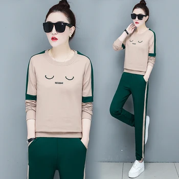 

Hoodies Pants Women Korean Fashion Leisure Suit Female Sets 2019 Spring And Autumn New Round Collar Fleece Two-Pcs Clothing Set