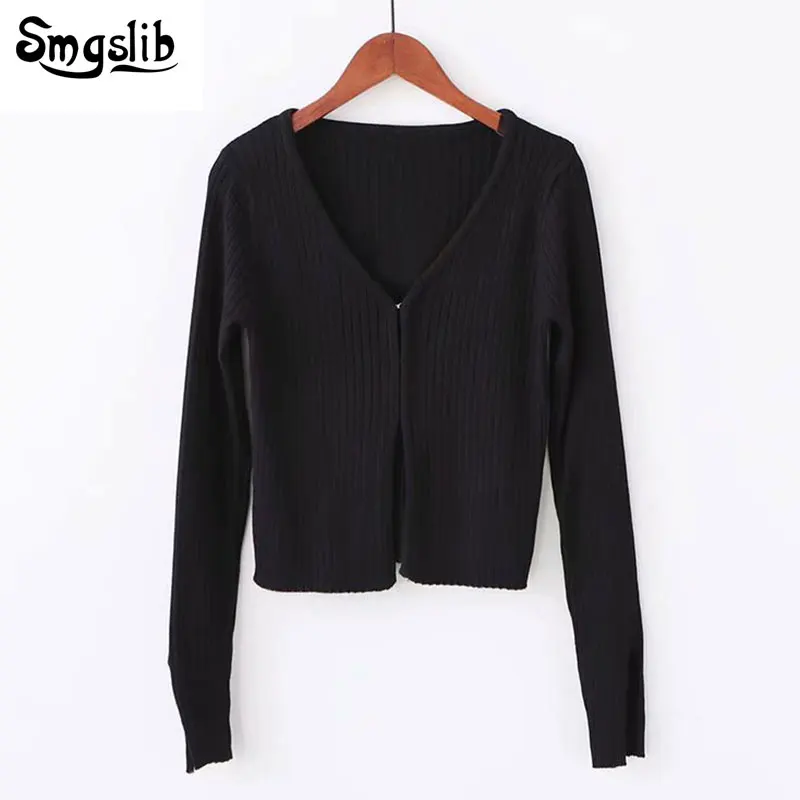 Autumn Winter Women Cardians V-neck elegant loose casual Long Sleeve covered button Crop Sweaters Unif Jumper Pull Femme