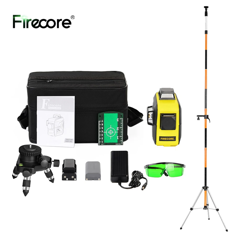 FIRECORE 12Lines 3D 360 F93T-XG Green Laser Level Self-leveling Лазерный Уровень +1.56M Tripod/3.36M/3.7M/4M Pole