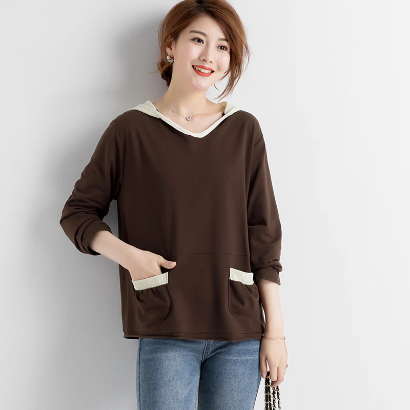 brown L-5XL размера плюс женские толстовки осень Модные свободные повседневные хлопковые толстовки с длинным рукавом с карманами Лоскутные Топы - Цвет: brown