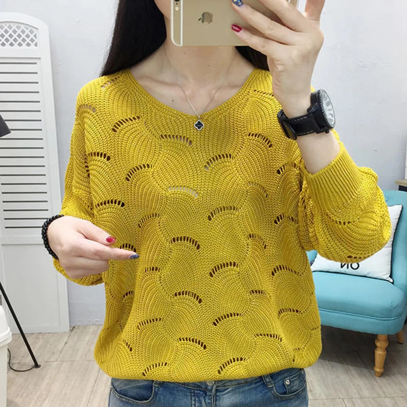 

2023 New Hollow Out Women's Sweater Autumn Casual V-Neck Long Sleeve Pullover Loose Knitted Top Korean Bottom Thin Jumper Female