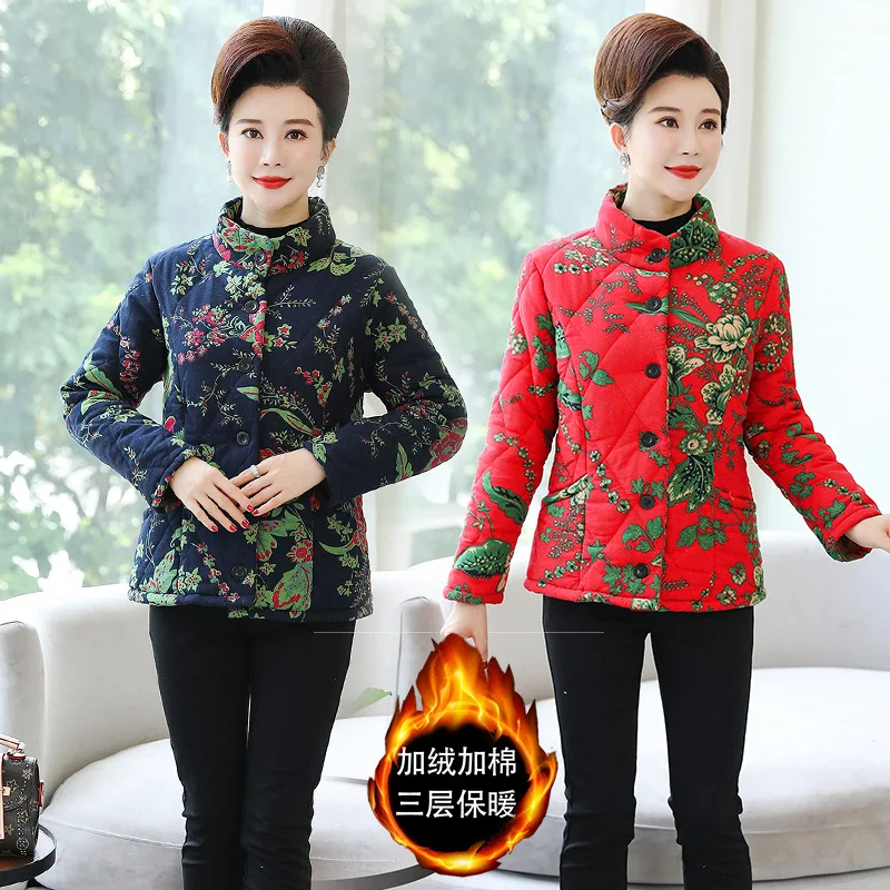 

2019 Winter New Style Ethnic-Style Large Size Dress Cotton Linen Printing plus Velvet Padded Slim Fit Short Cotton Overcoat