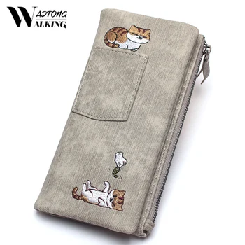 

Women Long Wallet Teenage Girls Cat Embroidery Canvas Clutch Money Bag Card Holder Ladies Large Capacity Jeans Style Coin Purse