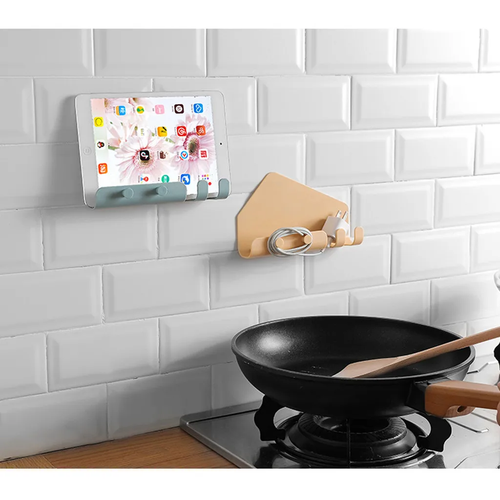 

Kitchen storage rack large paste creative mobile phone tablet charging bracket door bedroom seamless storage 4 hook L0814