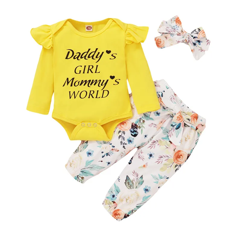 

3-18M Newborn Clothes Letter Print Yellow Bodysuit Ruffle Long Sleeve Rompers and Floral Bow Pants Headband Girls Autumn Outfit