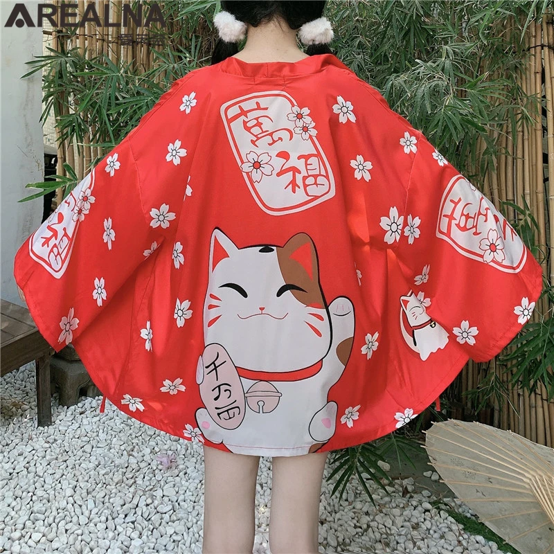 Japanese Kimono Traditional Anime Lucky Cat Women Cardigan with Blet Dress Summer Beach Yukata
