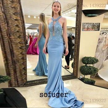 

Blue Halter Girl Satin Mermaid Evening Dresses Prom Sexy Backless Long Arabic Special Occasion Robe De Soiree Plus