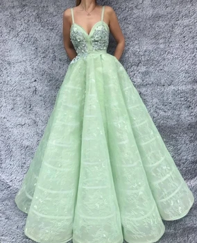 

Mint Green Muslim Evening Dresses 2019 A-line Sweetheart Tulle Lace Flowers Islamic Dubai Saudi Arabia Long Evening Gown Prom