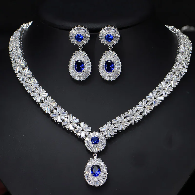 White Blue Pera роскошные свадебные подарки украшения набор синий и белый прозрачный камень большая капля воды ожерелье и серьги для женщин J062 - Окраска металла: White Blue