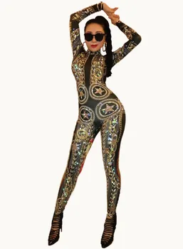 

Gold Printed Stretch Rhinestones Jumpsuit Women's Sexy Bodysuit Costume Stage Outfit Singer dance DJ Dancer Performance Rompers