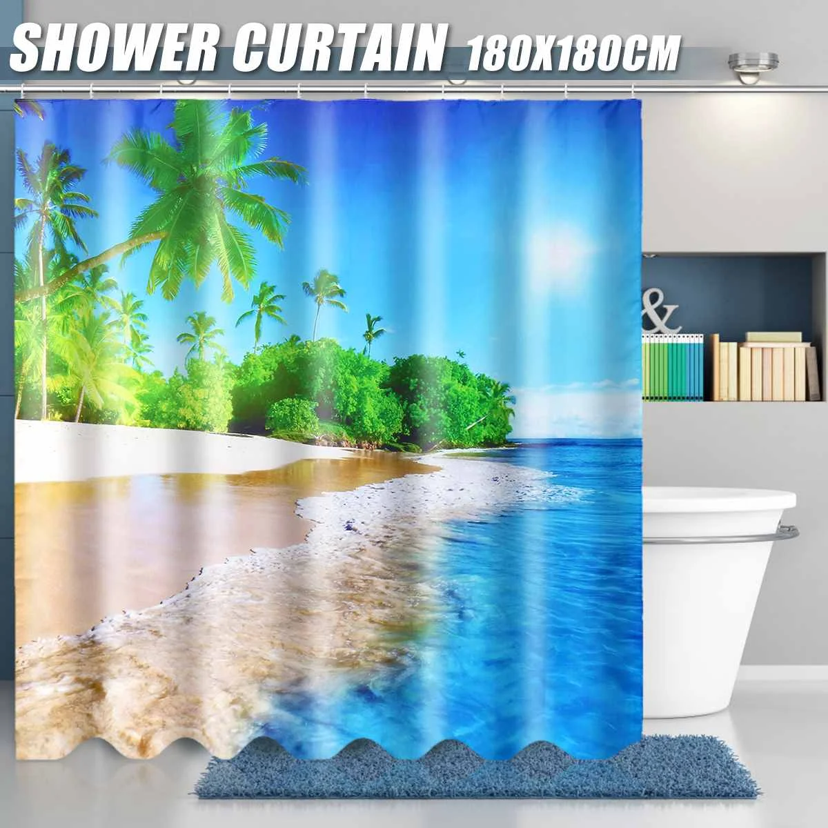 Shower Curtains Ванная комната водонепроницаемый тропические пальмы деревья на остров Душ шторы пьедестал Ковер Крышка туалет коврик для ванной набор полиэстер w/Крючки - Цвет: Shower Curtains