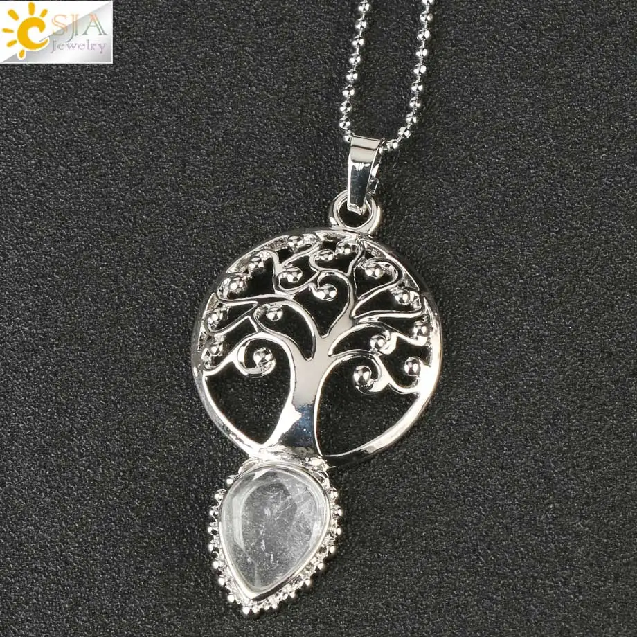 White Crystal Chain Csja Дерево жизни ограненный природный камень подвески в форме капель воды ожерелья Исцеление йогой Кристалл бусины для женщин модные ювелирные изделия G167 - Окраска металла: White Crystal Chain