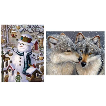 

2 Set 5D Diy Diamond Painting Rhinestones - Christmas Snowman Bird Round Diamond & Wolves Square Diamond