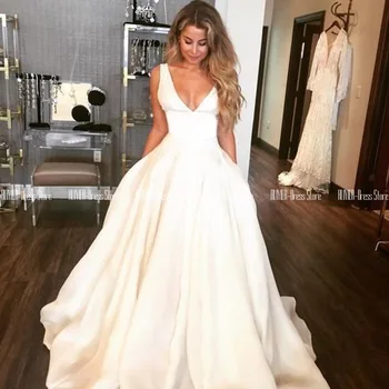 

Elegant V-nek Simple White Satin Wedding Dress 2020 Lace Up Back A-line Bridal Dress With Pockets Vestidos De Novia