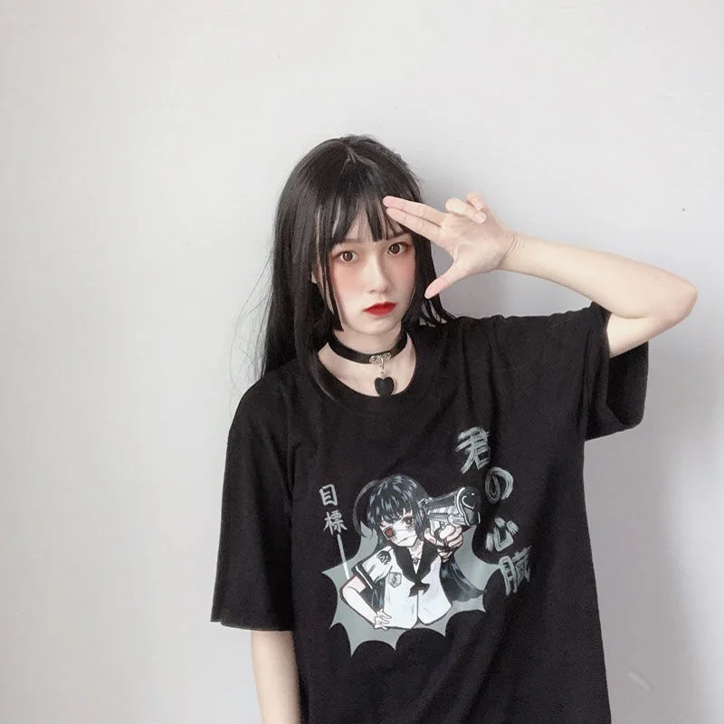 Goth Streetwear Short Sleeve Top Tee Female Kawaii y2k mujer gothic kpop футболка Harajuku Anime Print Black Crop Women T-shirts