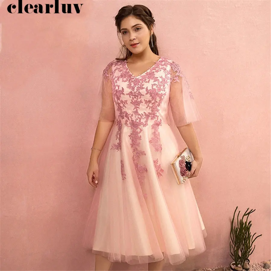 V-neck Prom Gown Half Sleeve A-Line Vestidos De Gala T491 Plus Size Pink Dresses Women Party Night Medium Length Prom Dress
