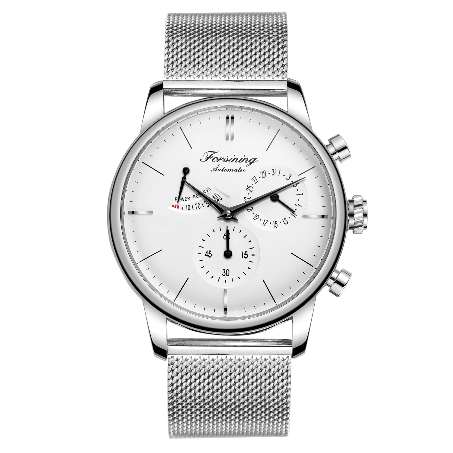 Forsining Power Reserve Design Automatic Mechanical Watch White Dial Mesh Belt Waterproof Luminous Hand Date Clock Box