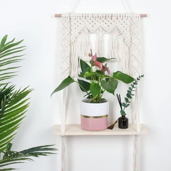 

Boho Style Cotton Rope Woven Tapestry Floating Shelf Wall Hanging Plants Holder Display Rack Home Storage Racks Wall Decoration