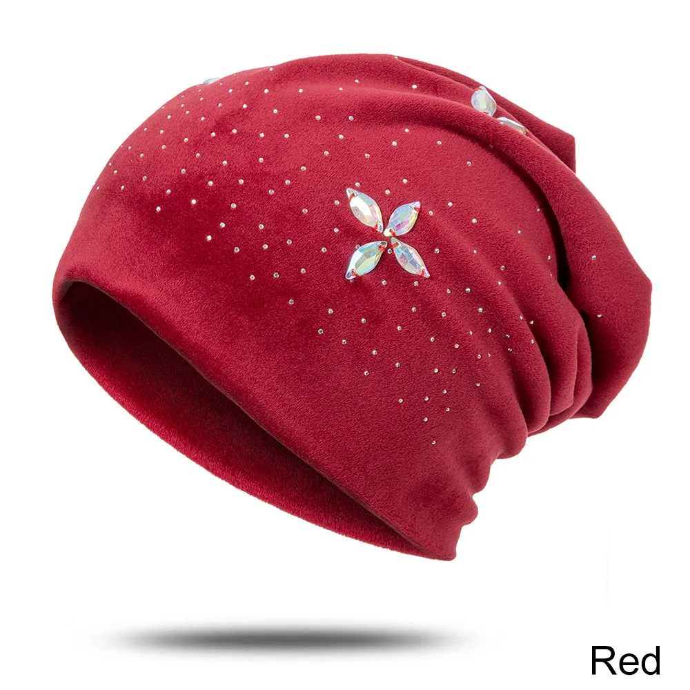 Женская зимняя шапка с жемчугом, бархатная, мягкая, теплая, на ощупь, повседневная шапка, плюшевый материал, Skullies Beanie, высокое качество, роскошная шапка - Цвет: B7
