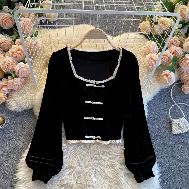 

Черная блузка, женская одежда, кружевной бархатный топ в стиле пэчворк, Корейская винтажная рубашка, модные элегантные блузки с воротником-стойкой