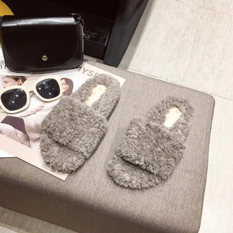 Women's Slippers Flock Slides Shoes Pokemon Plush New Fur Flat Fabric Autumn Basic Rubber Rome Bonded Leather Cotton
