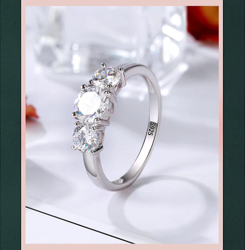 Strollgirl Luxury 925 Sterling Silver Three Clear Zircon Finger Ring for Women Wedding Jewelry Gifts free shipping