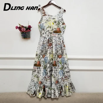 

LINGHAN Designer Women Summer Cotton Dress 2020 Print Sexy Backless Strap Party Midi Dresses Lady Vestidos Holiday Robe