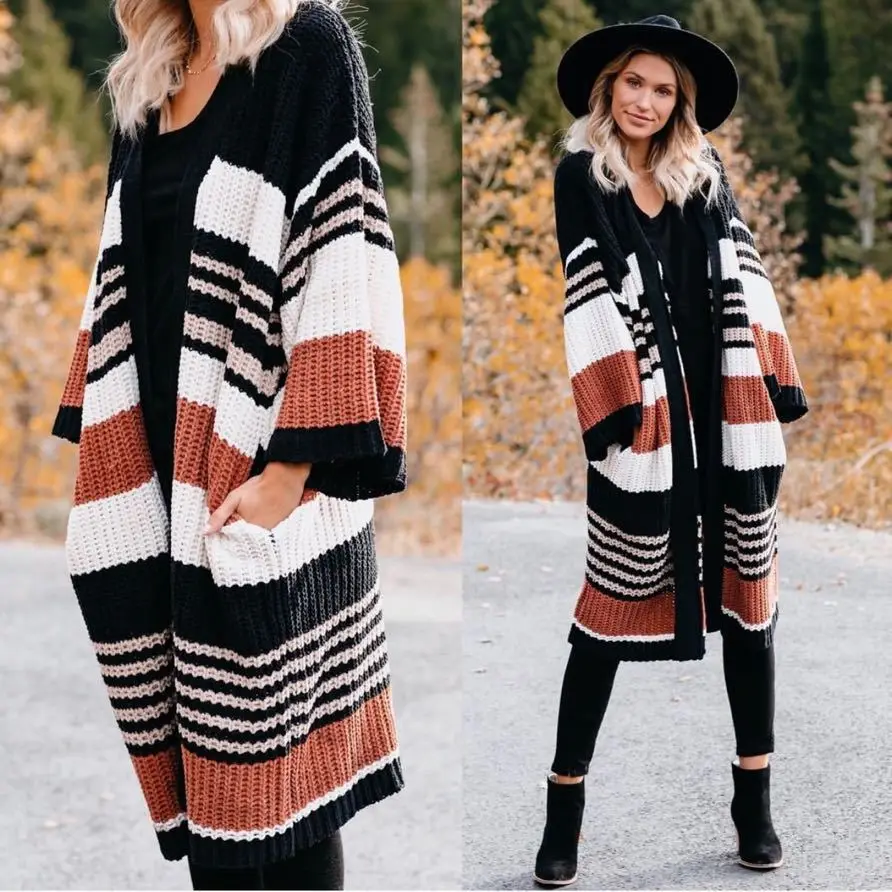 

Autumn and winter 2020 foreign trade fashion sweater women's new Amazon loose-striped Cardigan women's coat