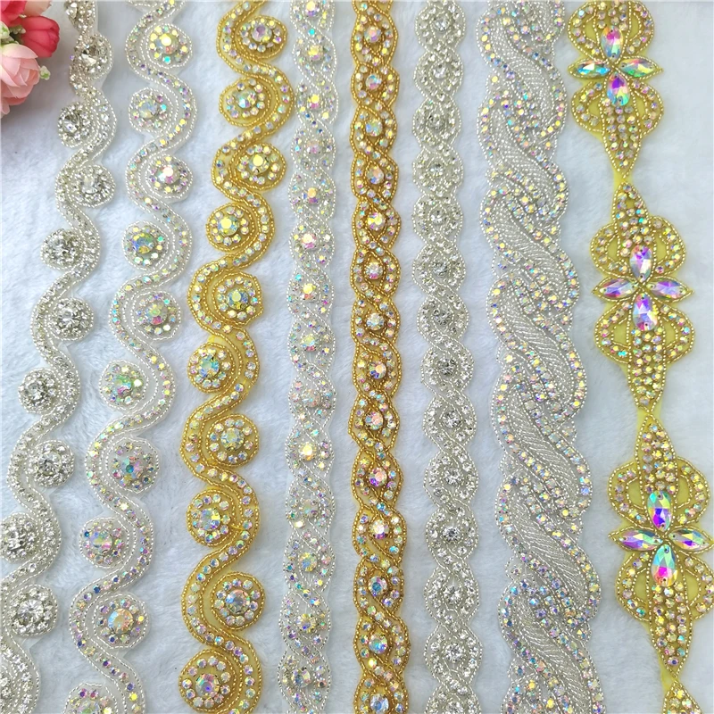 Rhinestones Crystal Dress Applique silver beaded trim wedding dress rhinestone lace Iron On Sew On Applique DIY 1 Yard sewing rhinestones glass crystal rhinestones