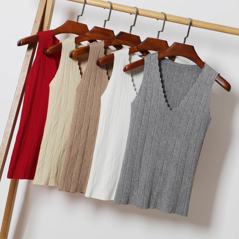 Женский однотонный трикотажный топ с v-образным вырезом Feamle Ice Ma белый красный