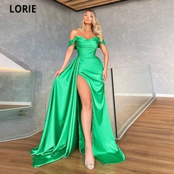 Lorie Bright Satin Long Evening Dresses 2021 Side Slit Short Off Sleeves Fashion Prom Gowns Plus Size Formal Dress Floor length