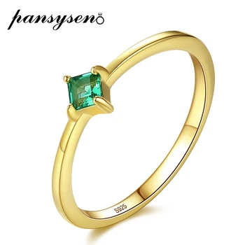 

PANSYSEN Gold Color 3MM Square Emerald Ring 100% Solid Silver 925 Jewelry Annversary Party Rings for Women Drop Shopping Gift