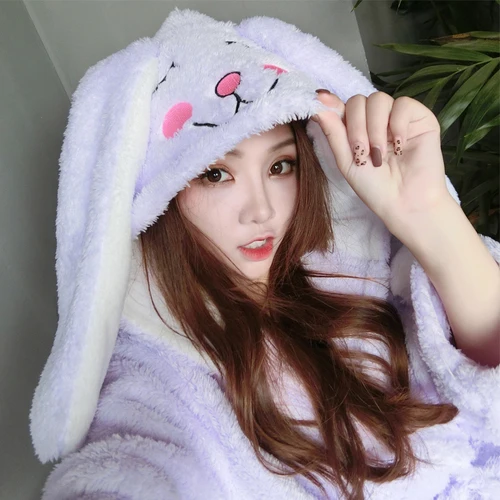 Purple rabbit Женский зимний халат, женский милый бархатный банный халат кораллового цвета с рисунком лисы и кролика, теплая одежда для сна с милыми животными, банные халаты - Цвет: Purple rabbit