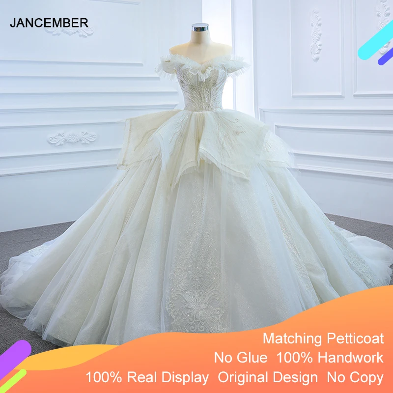 J67185 JANCEMBER White Wedding Dresses 2021 Sweetheart Ruffled Beaded Sequined Short Sleeves Ball Gowns 1
