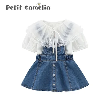 

Summer Denim Strap Skirt Short Sleeve Large Lapel Shirt + Pocket Denim Strap Skirt Children Skirt Casual Breathable Girl Clothes