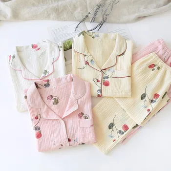 

Women Pajamas Sets with Pants Long Sleeve 100% Cotton Turn-down Pyjama Womans Sleepwear Cute Button Pijama Homewear
