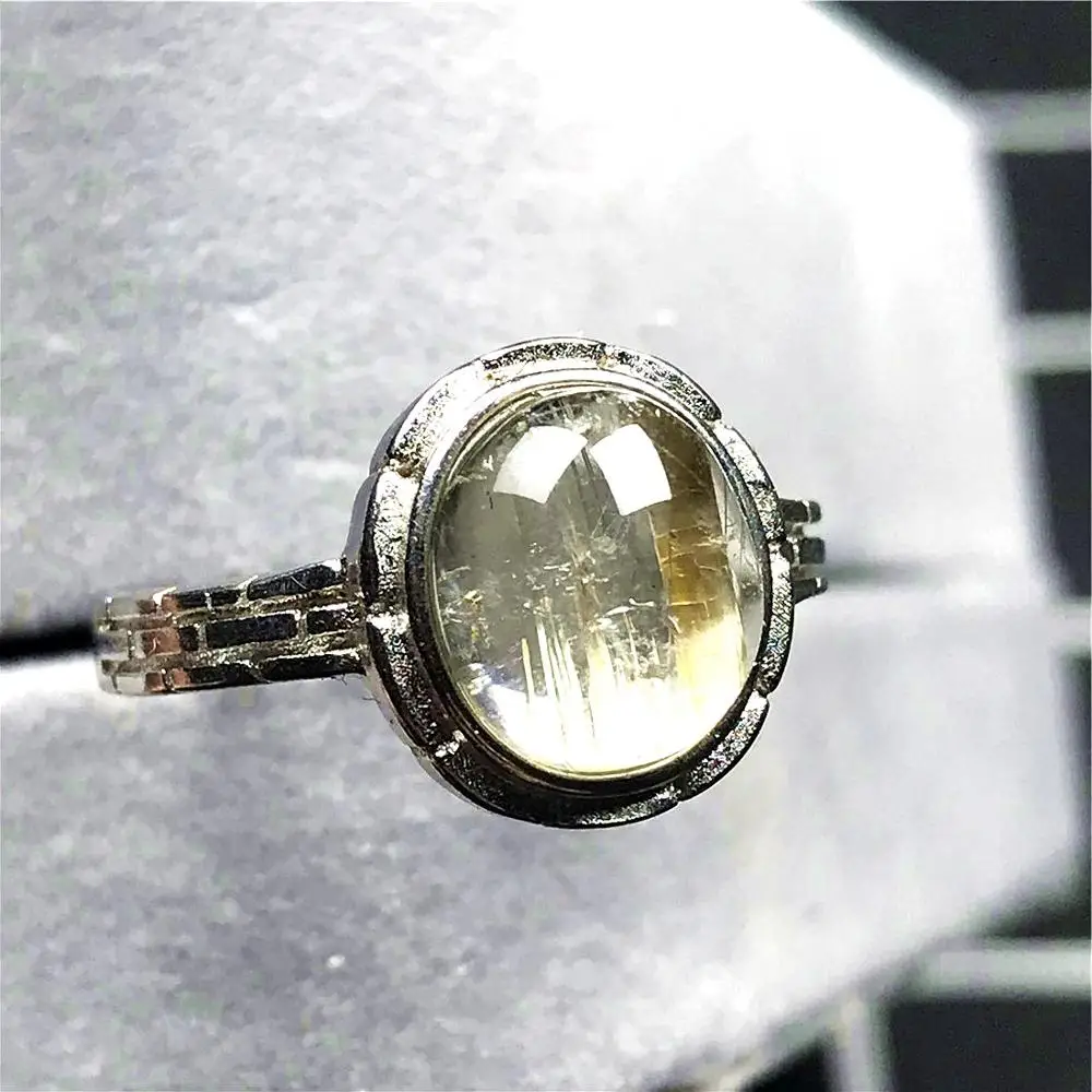 

100% Natural Gold Rutilated Ring For Woman Man Clear Quartz Crystal 11x9mm Oval Beads Silver Stone Adjustable Ring Jewelry AAAAA