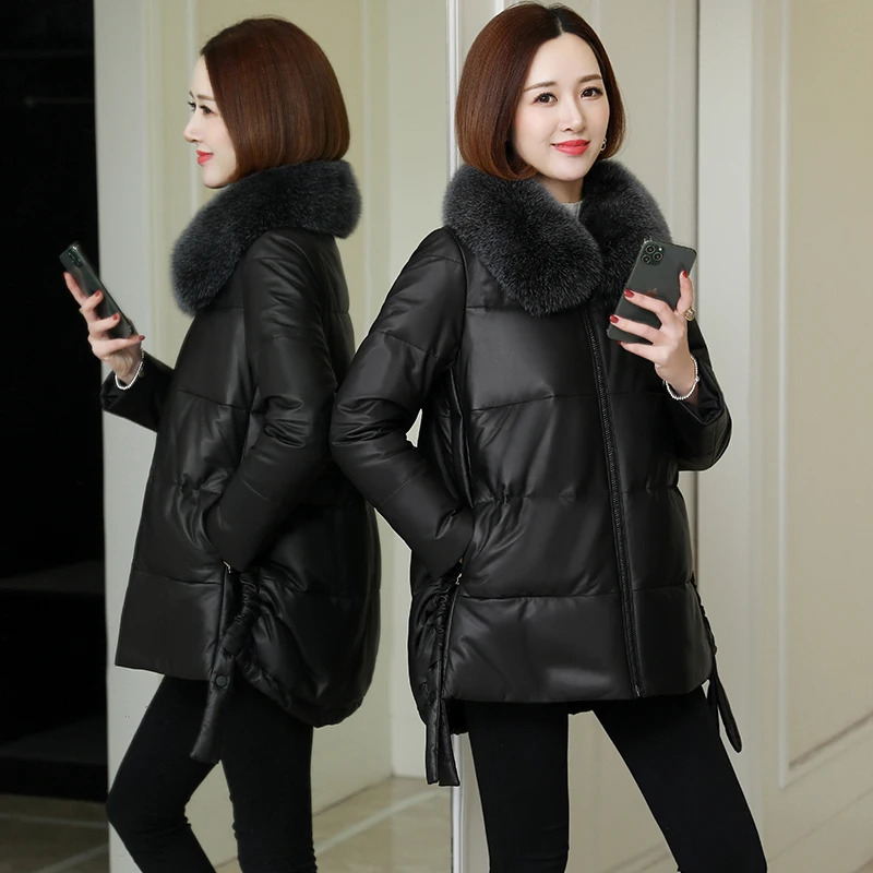 

100% Genuine Leather Jacket Women Winter Real Fox Fur Collar Sheepskin Duck Down Coat Female Korean Leather Jackets 2099