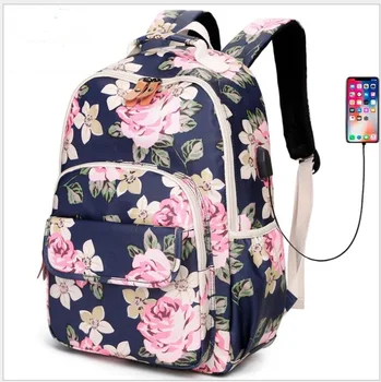 

USB Charging Laptop Backpack Women For Teenage Students Girls School Backpack Bag Printing Flowers Backpacks Travel Bagpack