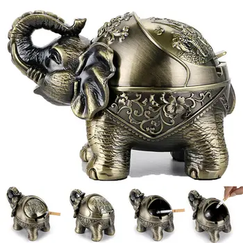 

Collectible crafts Home Elephant Windproof Ashtray with Lid Desktop Metal Cigarette Ashtray Decor