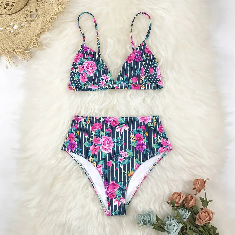 SEASELFIE Triangle High Waisted Bikini Sets Women Sexy Floral and Stripe Two Pieces Swimsuits 2020 Girls Swimming Suits Biquini
