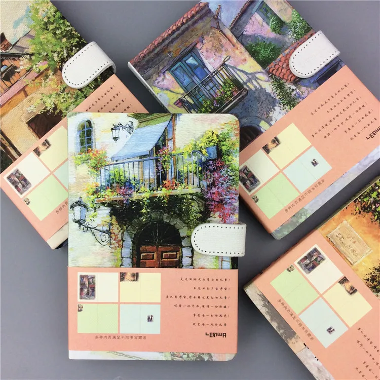 Small Fresh Hand Account 32K Color Page Magnetic Buckle Blank Notebook Coated Side Travel Account 3 Beautiful Town