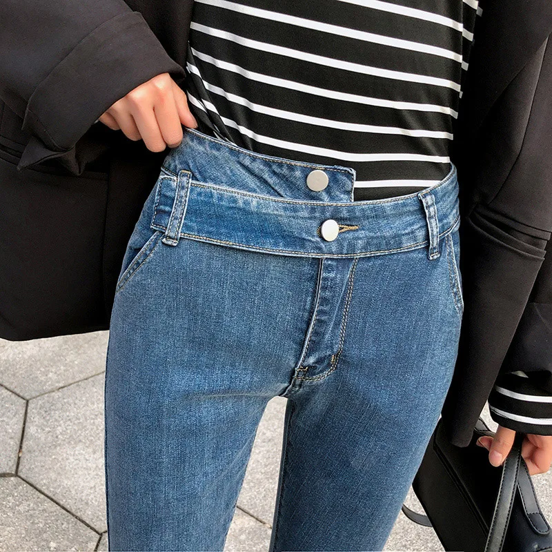

Solid Skinny Jeans Woman Casual Pencil High Waist Jeans button fly elastic waist Slim Jean Stretch Torn Ladies Irregular belt
