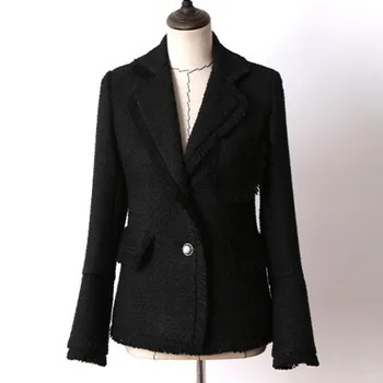 

Elegant Black Tweed Jacket Female Fashion Office Lady Tassel Flare Sleeve Short Coat Spring Autumn Single Button Suits Jacket