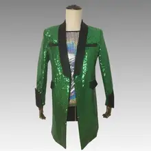 

Mens Green Sequins Long Suit Costumes Nightclub Singer Dancer DJ Show Stage Costumes Coat