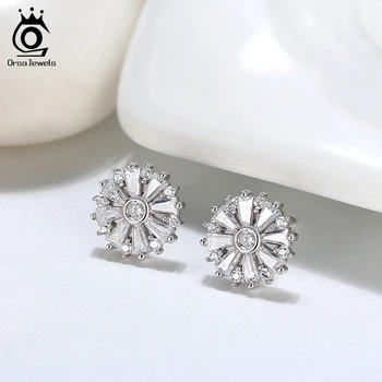 

ORSA JEWELS Flower Shape Woman's Stud Earrings Real 925 Sterling Silver with AAAA Zircon Jewelry Wedding Party Gift OSE256