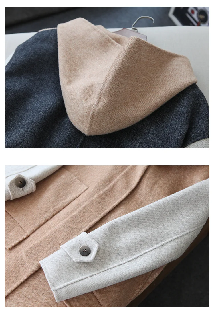 Winter New jacket with hat Double-breasted Contrast Long Section double-sided wool coat Lady Patchwork leisure fashion coat