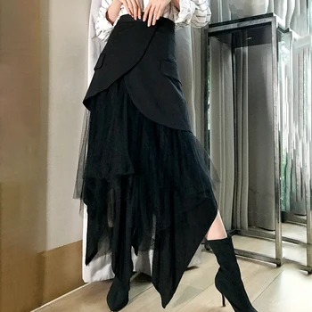 

2020 Half-body Skirt Women High Waist Black Irreular Mesh Split Joint Loose Women Sexy Skirt Women S Fashion Clothing