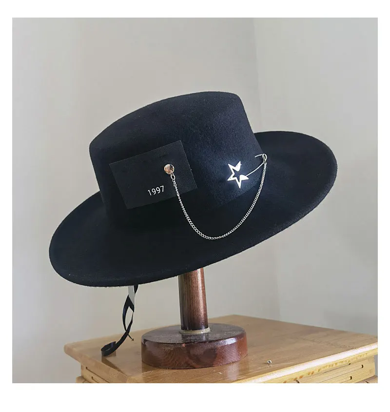 Wool Top Hat Flat Top Big Wide Brim Cap 
