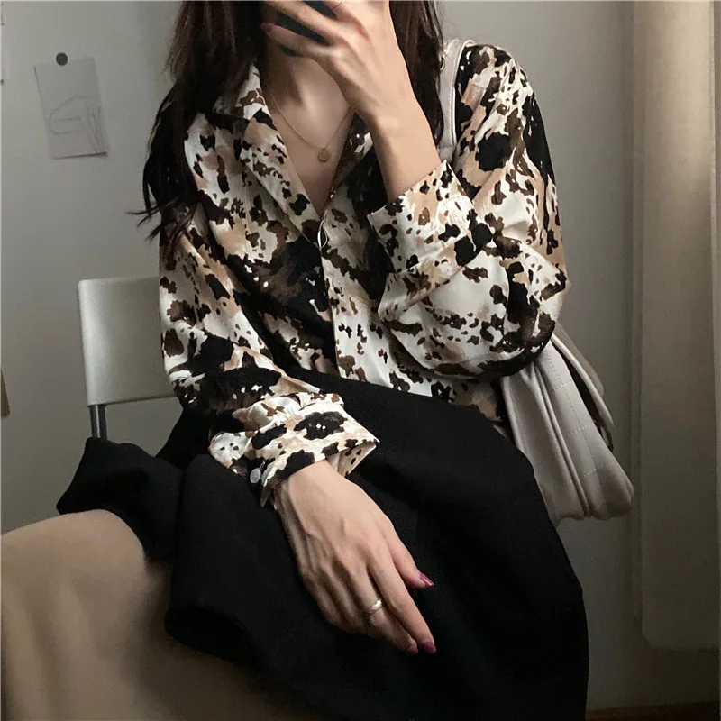 SHENGPALAE/ Новое поступление, весенние блузки с длинным рукавом, свободные, с леопардовым принтом, корейская мода, рубашка с отложным воротником, 5D489